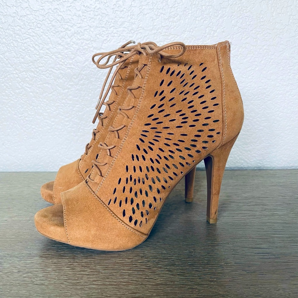Fergalicious Camel Tan Laser Cut Lace Up Stiletto Heels 8